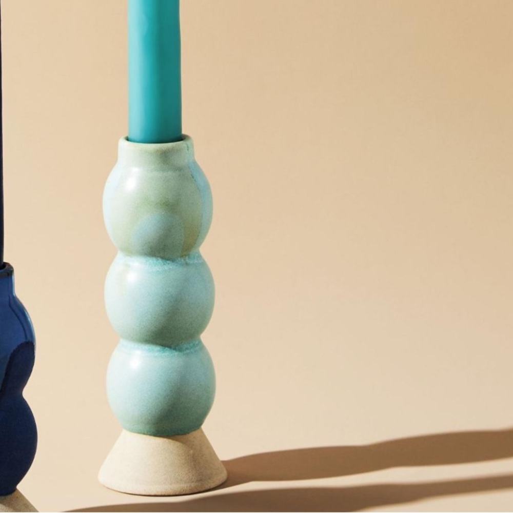 Anthropologie Set Maxine  Light Blue Motif Taper Candlestick